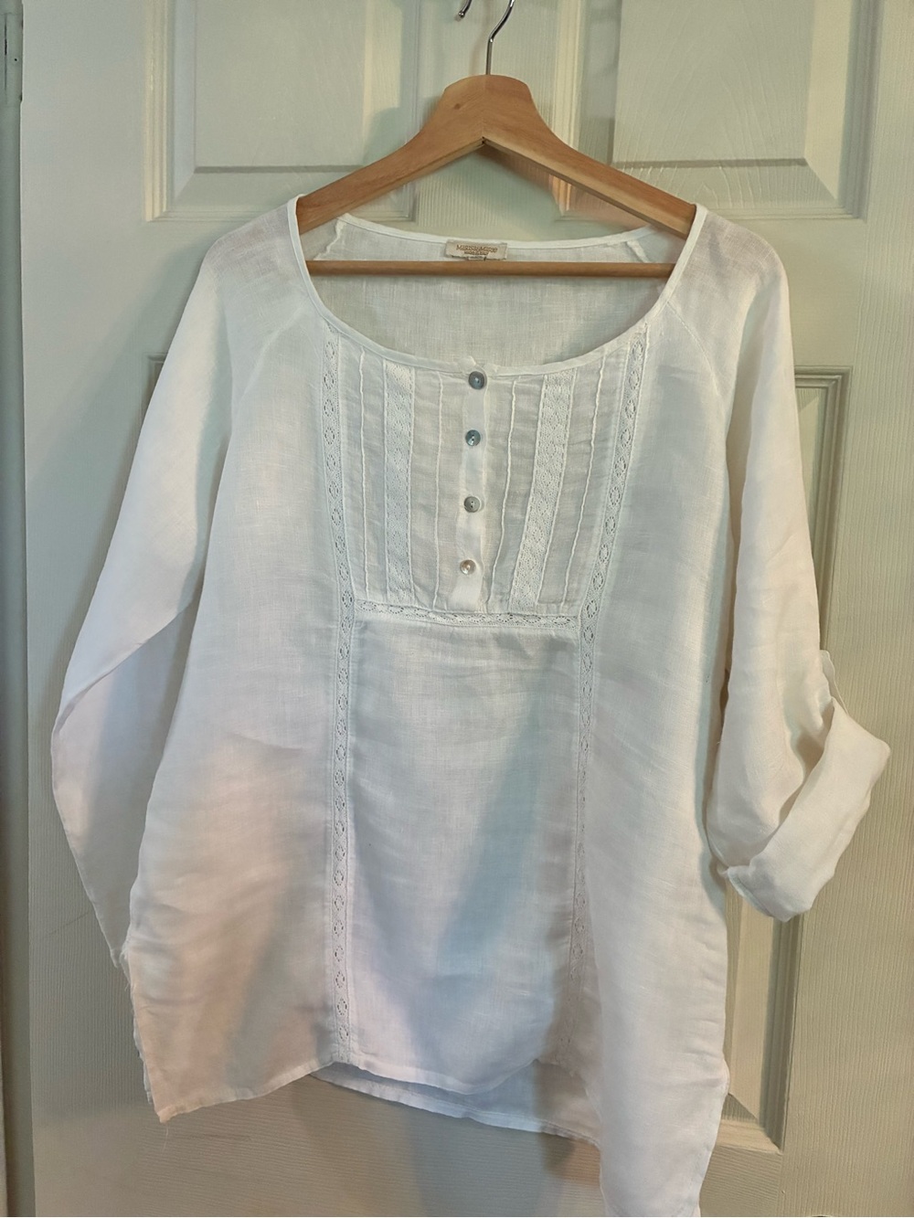 Women's White Linen Button-Front Tunic Top